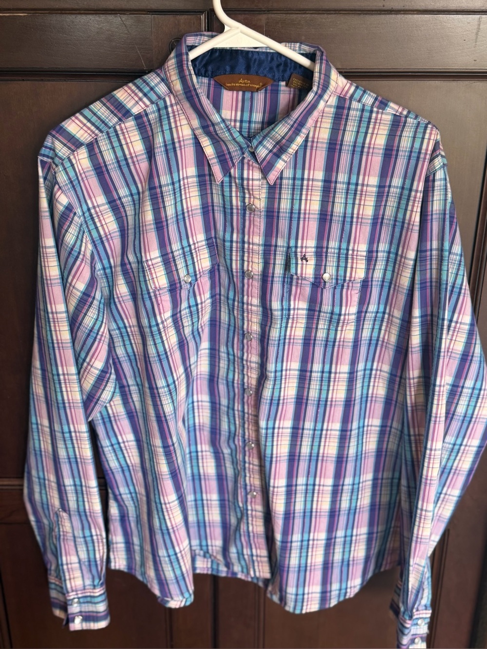Aura by Wrangler Women’s Western Plaid Pearl Snap Shirt Pink Blue Purple XXL